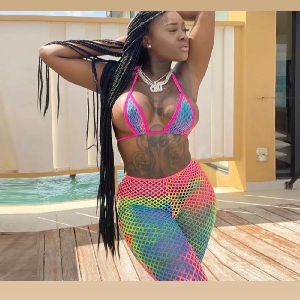 Colorful rainbow fitted bra & alter top with hipster long pants 2 piece swimwear